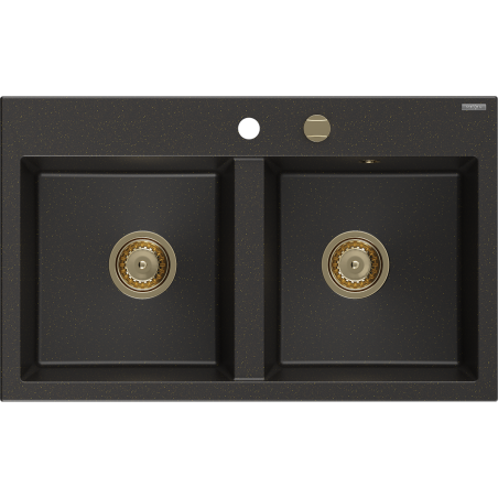 Mexen Hektor granitový dvojkomorový drez 800 x 480 mm, čierny/zlatý metalik, zlatý sifón - 6521802000-75-G