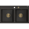 Mexen Hektor žulový dvojkomorový drez 800 x 480 mm, čierny/zlatý metalik, zlatý sifón - 6521802000-75-G