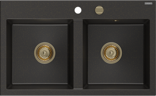 Mexen Hektor granitový dvojkomorový drez 800 x 480 mm, čierny/zlatý metalik, zlatý sifón - 6521802000-75-G