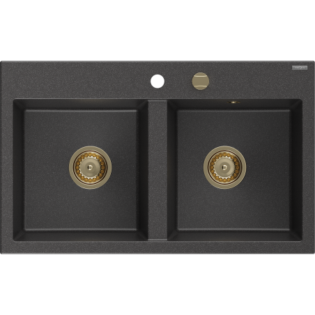 Mexen Hektor granitový drez s dvoma komorami 800 x 480 mm, čierny s bodkami, sifón zlatý - 6521802000-76-G