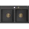 Mexen Hektor granitový drez s dvoma komorami 800 x 480 mm, čierny s bodkami, sifón zlatý - 6521802000-76-G