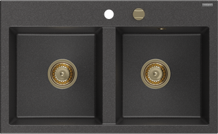 Mexen Hektor granitový drez s dvoma komorami 800 x 480 mm, čierny s bodkami, sifón zlatý - 6521802000-76-G