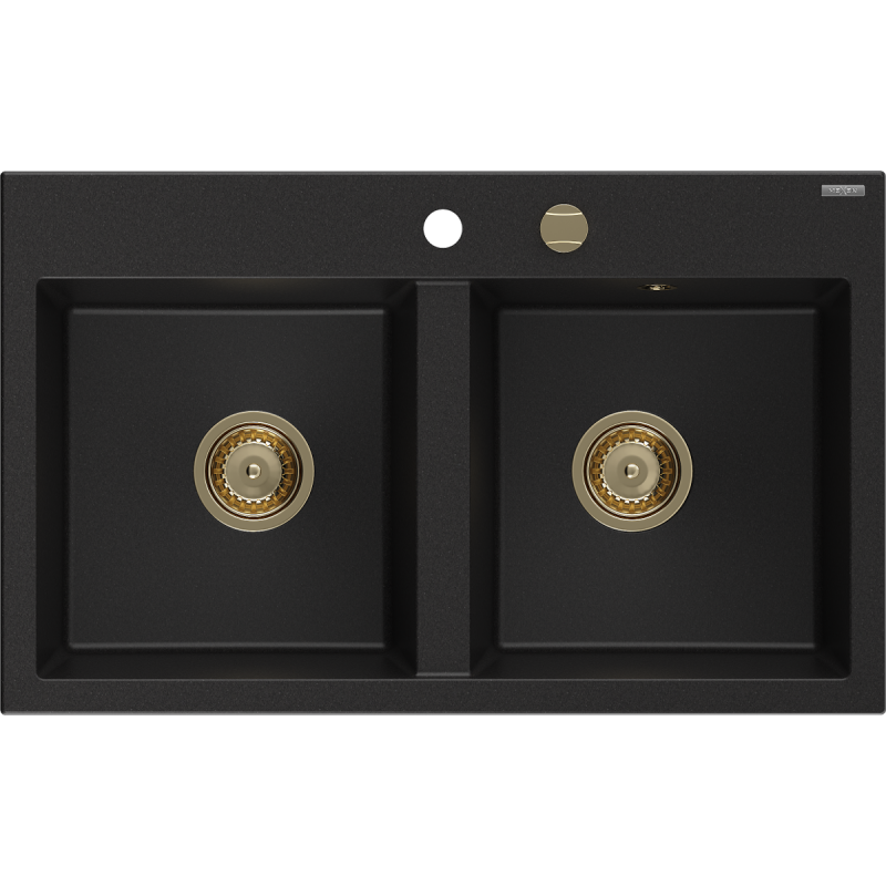 Mexen Hektor žulový kuchynský drez s 2 komorami 800 x 480 mm, čierny, sifón zlatý - 6521802000-77-G