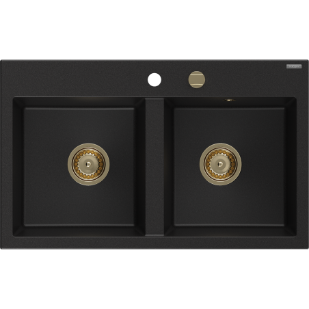 Mexen Hektor žulový kuchynský drez s 2 komorami 800 x 480 mm, čierny, sifón zlatý - 6521802000-77-G