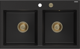 Mexen Hektor žulový kuchynský drez s 2 komorami 800 x 480 mm, čierny, sifón zlatý - 6521802000-77-G
