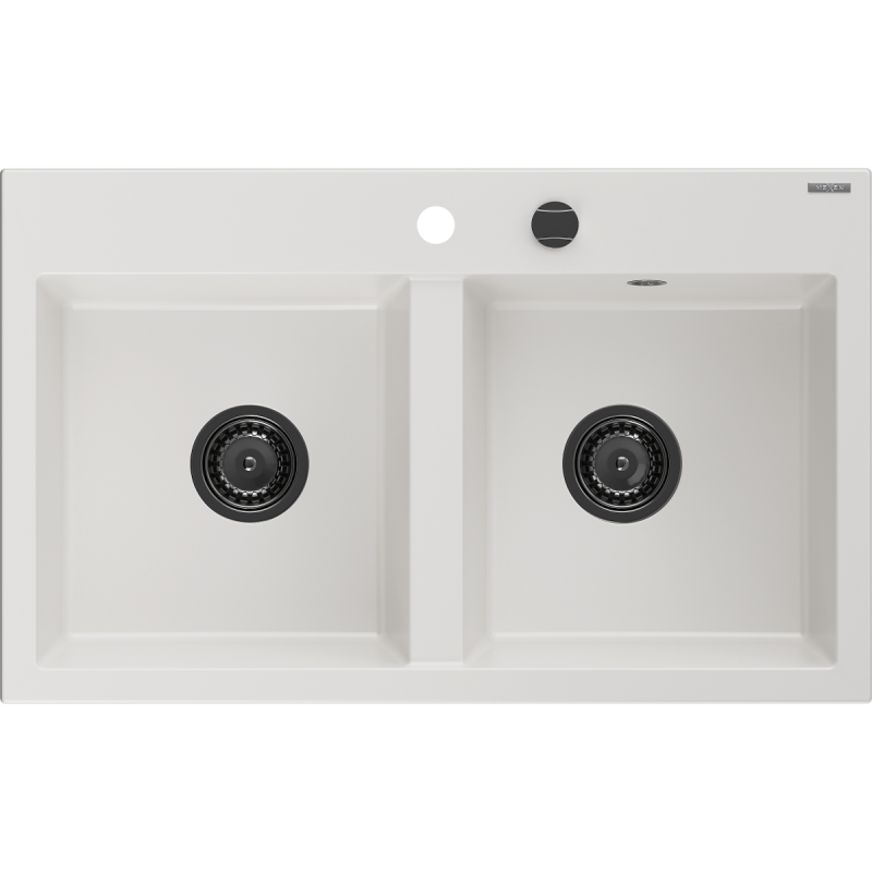 Mexen Hektor granitový drez 2-komorový 800 x 480 mm, biely, sifón čierny - 6521802000-20-B