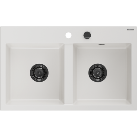 Mexen Hektor granitový drez 2-komorový 800 x 480 mm, biely, sifón čierny - 6521802000-20-B