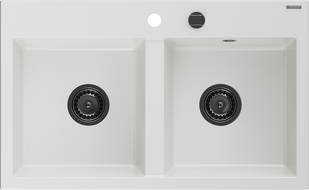 Mexen Hektor granitový drez 2-komorový 800 x 480 mm, biely, sifón čierny - 6521802000-20-B