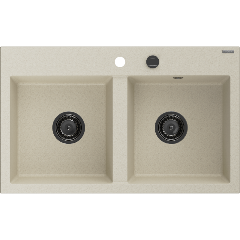 Mexen Hektor granitový drez s 2 komorami 800 x 480 mm, béžový, čierny sifón - 6521802000-69-B