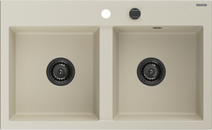 Mexen Hektor granitový drez s 2 komorami 800 x 480 mm, béžový, čierny sifón - 6521802000-69-B