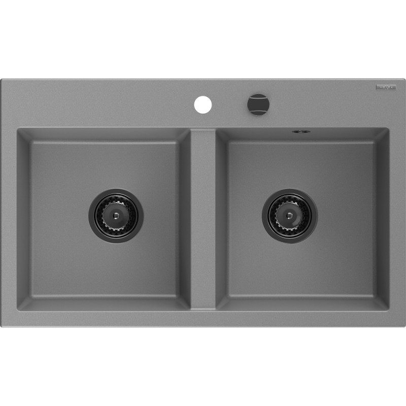 Mexen Hektor granitový kuchynský drez 2-komorový 800 x 480 mm, sivý, čierny sifón - 6521802000-71-B