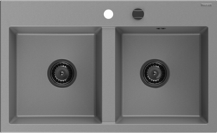 Mexen Hektor žulový kuchynský drez, dvojkomorový 800 x 480 mm, sivý, čierny sifón - 6521802000-71-B