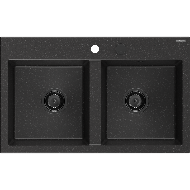 Mexen Hektor granitový drez 2-komorový 800 x 480 mm, čierny/strieborný metalik, čierny sifón - 6521802000-73-B