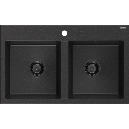 Mexen Hektor granitový drez 2-komorový 800 x 480 mm, čierny/strieborný metalik, čierny sifón - 6521802000-73-B
