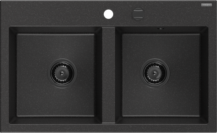 Mexen Hektor granitový drez 2-komorový 800 x 480 mm, čierny/strieborný metalik, čierny sifón - 6521802000-73-B