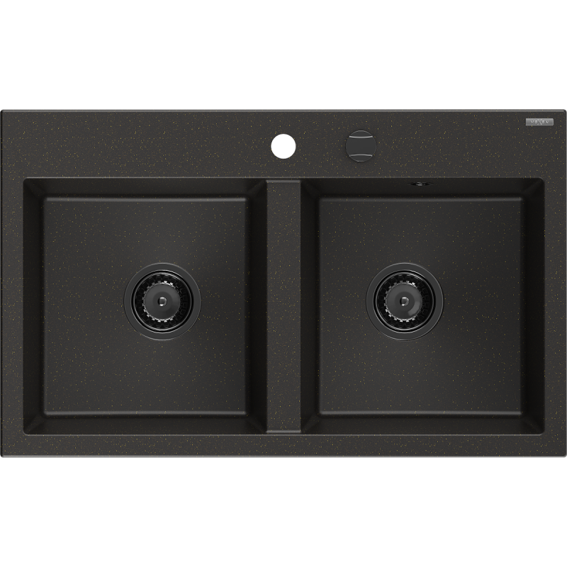 Mexen Hektor žulový drez s dvomi komorami 800 x 480 mm, čierny/zlatý metalík, čierny sifón - 6521802000-75-B