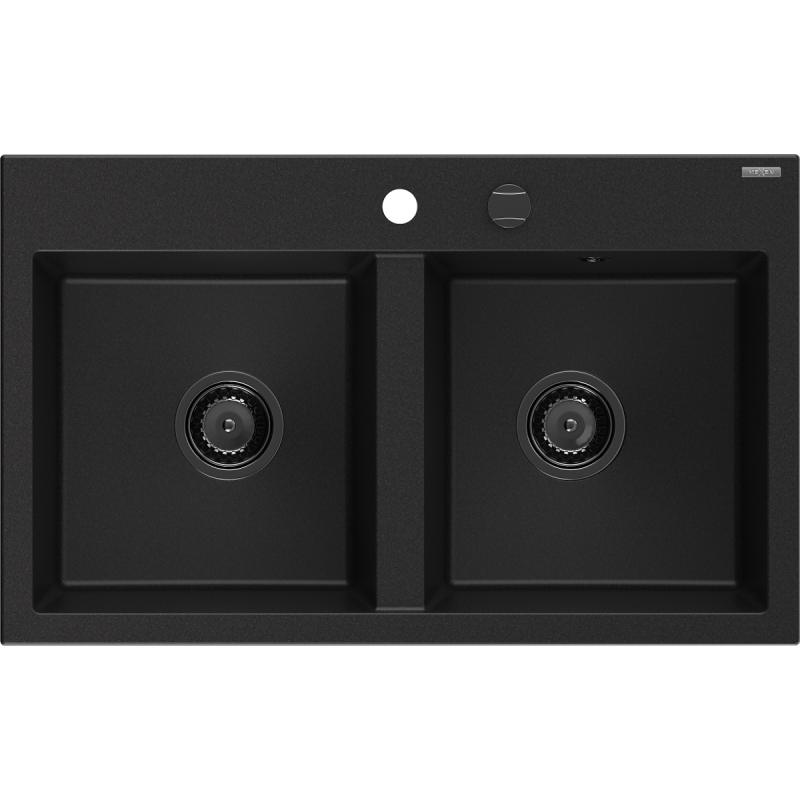 Mexen Hektor dvojkomorový žulový drez 800 x 480 mm, čierny, čierny sifón - 6521802000-77-B