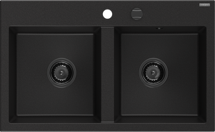 Mexen Hektor dvojkomorový žulový drez 800 x 480 mm, čierny, čierny sifón - 6521802000-77-B