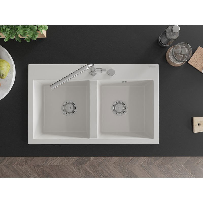 Mexen Hektor granitový drez 2-komorový 800 x 480 mm, biely, chróm sifón - 6521802000-20