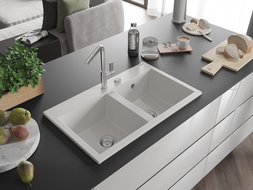 Mexen Hektor granitový drez 2-komorový 800 x 480 mm, biely, chróm sifón - 6521802000-20