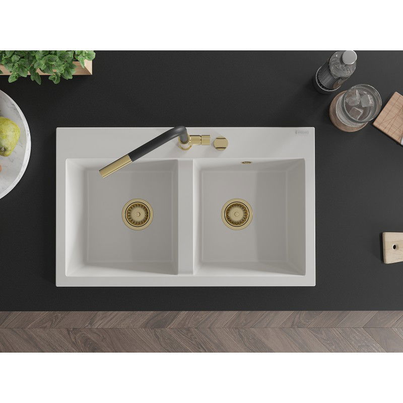 Mexen Hektor granitový drez 2-komorový 800 x 480 mm, biely, sifón zlatý - 6521802000-20-G