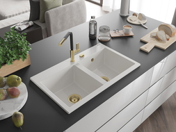 Mexen Hektor granitový drez 2-komorový 800 x 480 mm, biely, sifón zlatý - 6521802000-20-G