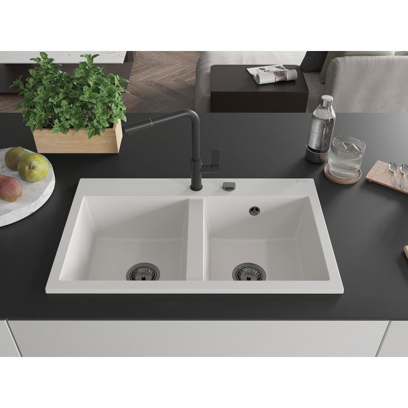 Mexen Hektor granitový drez 2-komorový 800 x 480 mm, biely, sifón čierny - 6521802000-20-B