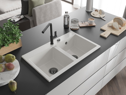 Mexen Hektor granitový drez 2-komorový 800 x 480 mm, biely, sifón čierny - 6521802000-20-B