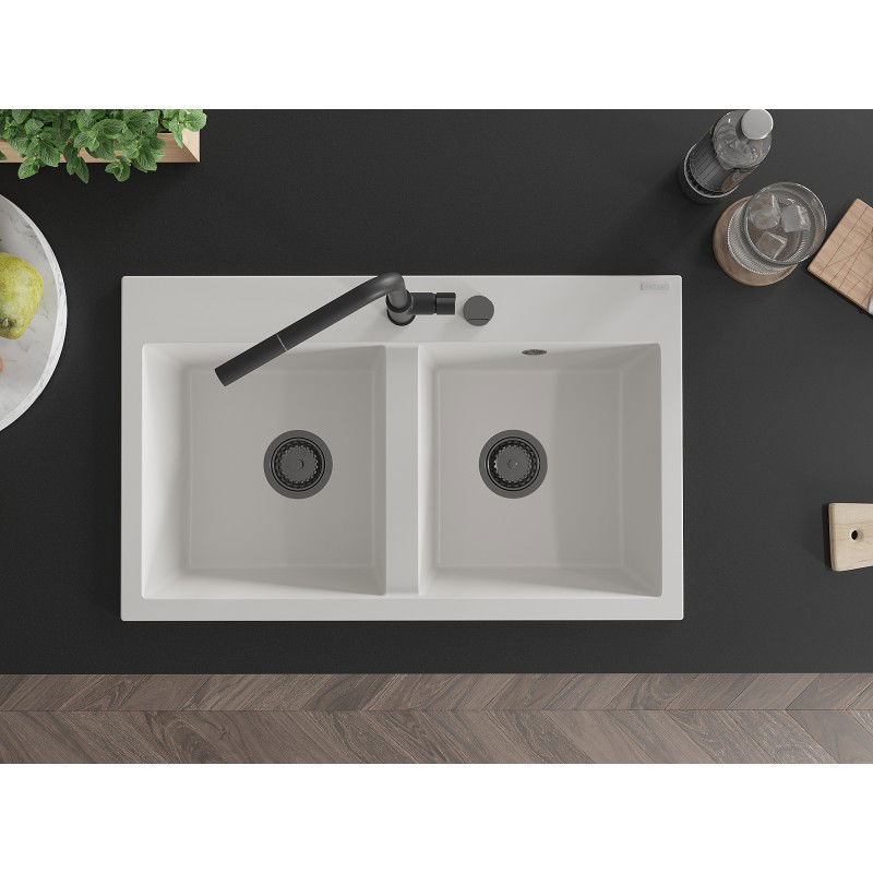 Mexen Hektor granitový drez 2-komorový 800 x 480 mm, biely, sifón čierny - 6521802000-20-B