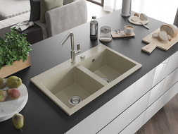 Mexen Hektor granitový kuchynský drez 2-komorový 800 x 480 mm, béžový, sifón chróm - 6521802000-69
