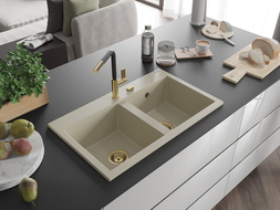 Mexen Hektor dvojkomorový granitový drez 800 x 480 mm, béžový, zlatý sifón - 6521802000-69-G