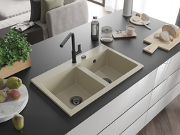 Mexen Hektor žulový drez 2-komorový 800 x 480 mm, béžový, sifón čierny - 6521802000-69-B