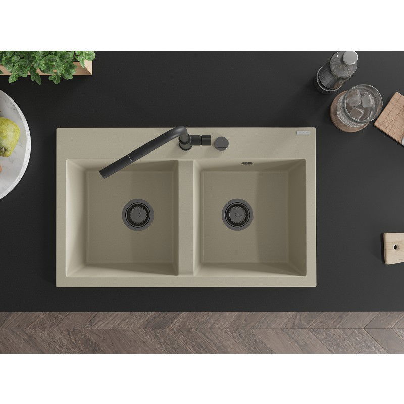 Mexen Hektor granitový drez s 2 komorami 800 x 480 mm, béžový, čierny sifón - 6521802000-69-B