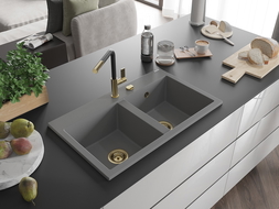Mexen Hektor kuchynský drez z granitu, 2-komorový 800 x 480 mm, sivý, sifón zlatý - 6521802000-71-G
