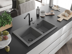 Mexen Hektor granitový kuchynský drez 2-komorový 800 x 480 mm, sivý, čierny sifón - 6521802000-71-B