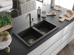 Mexen Hektor granitový drez 2-komorový 800 x 480 mm, čierny/strieborný metalík, sifón zlatý - 6521802000-73-G