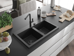 Mexen Hektor granitový drez 2-komorový 800 x 480 mm, čierny/strieborný metalik, čierny sifón - 6521802000-73-B