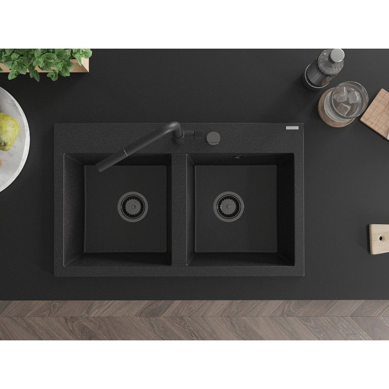 Mexen Hektor dvojkomorový žulový drez 800 x 480 mm, čierny/strieborný metalík, čierny sifón - 6521802000-73-B