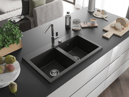 Mexen Hektor žulový drez 2-komorový 800 x 480 mm, čierny/zlatý metalik, sifón chróm - 6521802000-75