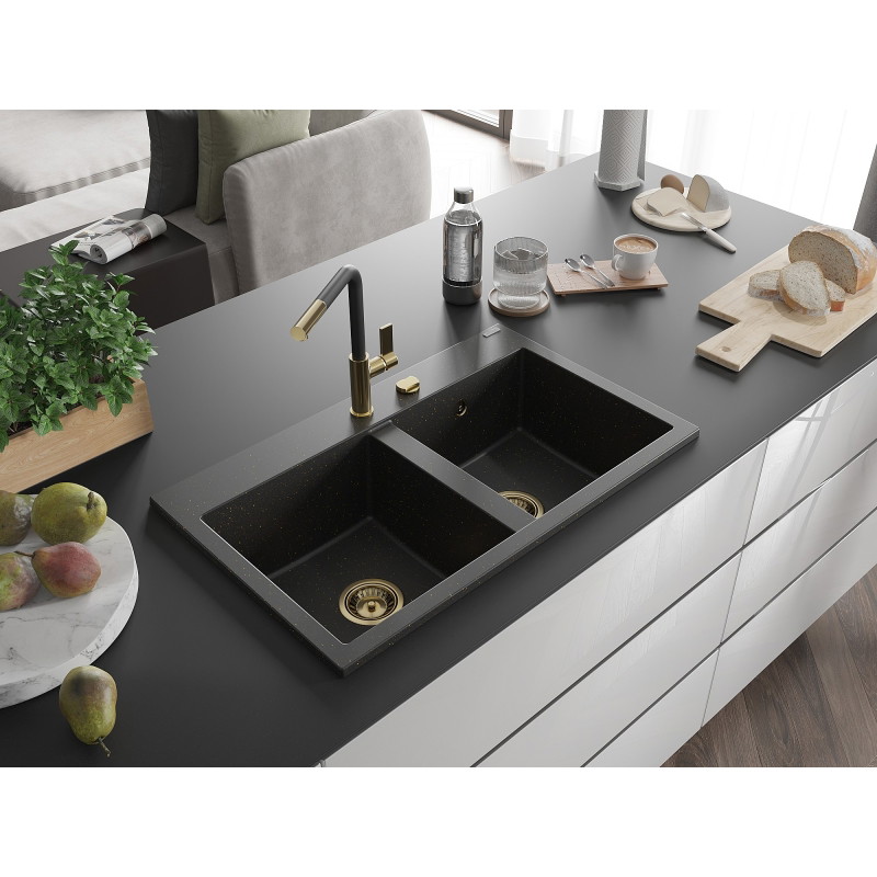 Mexen Hektor žulový dvojkomorový drez 800 x 480 mm, čierny/zlatý metalik, zlatý sifón - 6521802000-75-G