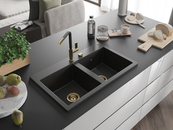Mexen Hektor granitový dvojkomorový drez 800 x 480 mm, čierny/zlatý metalik, zlatý sifón - 6521802000-75-G