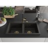 Mexen Hektor žulový dvojkomorový drez 800 x 480 mm, čierny/zlatý metalik, zlatý sifón - 6521802000-75-G