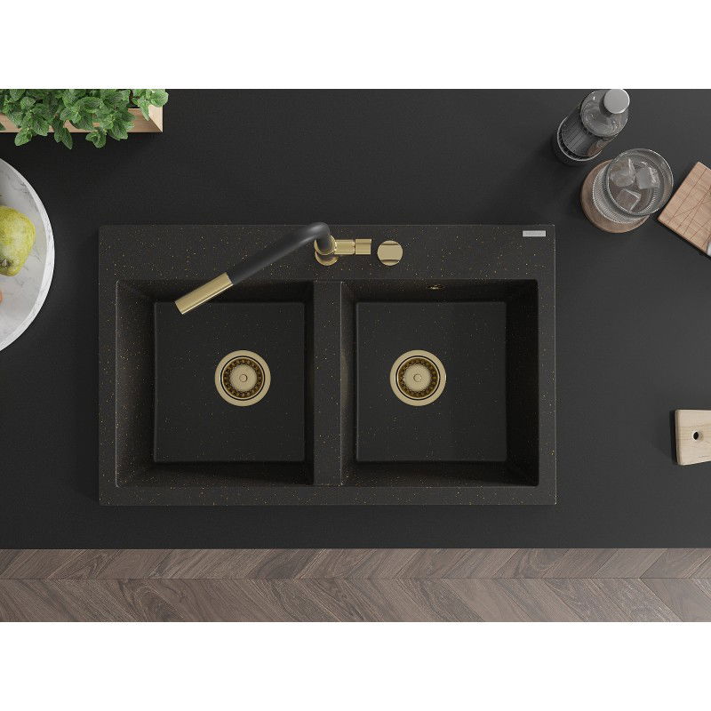 Mexen Hektor žulový drez s 2 komorami 800 x 480 mm, čierny/zlatý metalik, sifón zlatý - 6521802000-75-G