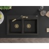 Mexen Hektor žulový dvojkomorový drez 800 x 480 mm, čierny/zlatý metalik, zlatý sifón - 6521802000-75-G