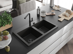 Mexen Hektor žulový drez s dvomi komorami 800 x 480 mm, čierny/zlatý metalík, čierny sifón - 6521802000-75-B