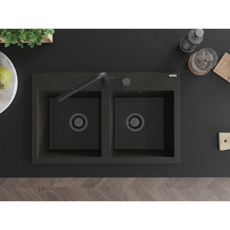 Mexen Hektor granitový drez 2-komorový 800 x 480 mm, čierno/zlatý metalíza, sifón čierny - 6521802000-75-B