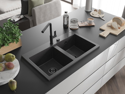 Mexen Hektor žulový dvojkomorový drez 800 x 480 mm, čierny s bodkami, čierny sifón - 6521802000-76-B