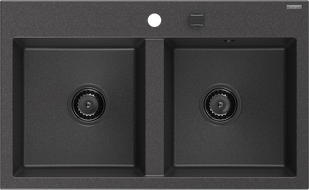 Mexen Hektor žulový dvojkomorový drez 800 x 480 mm, čierny s bodkami, čierny sifón - 6521802000-76-B
