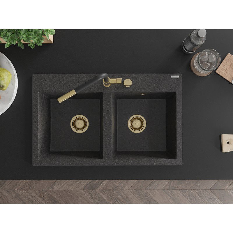 Mexen Hektor granitový drez s dvoma komorami 800 x 480 mm, čierny s bodkami, sifón zlatý - 6521802000-76-G
