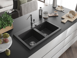 Mexen Hektor žulový drez 2-komorový 800 x 480 mm, čierny škvrnitý, sifón chróm - 6521802000-76
